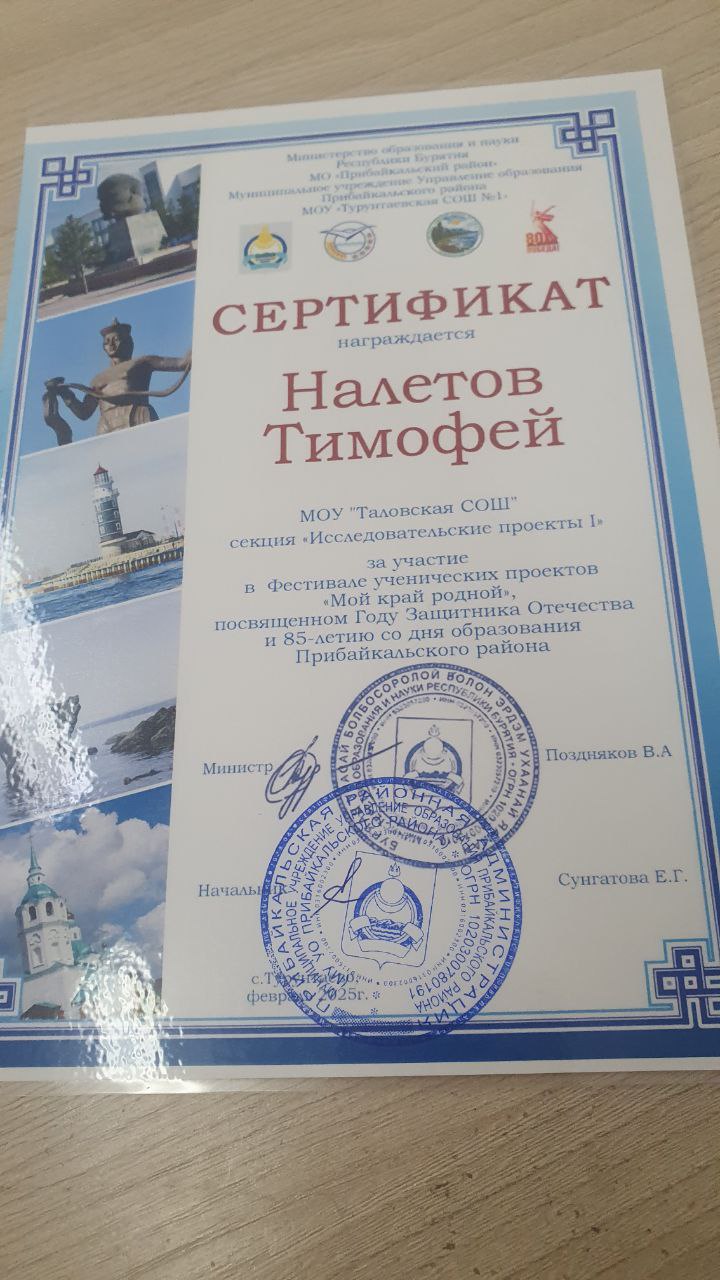 Налетов Т. 2 кл. Сертификат участника. Фестиваль ученических проектов &quot;Мой край Родной&quot;, руководитель Иванова Л.Г.. 2025 г..